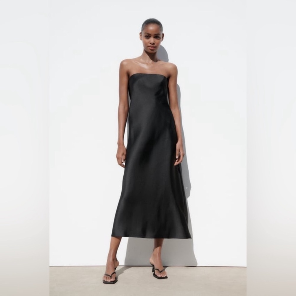 Zara Strapless Satin Effect Midi Dress NWT